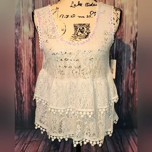 Free People - XS - Ivory Crochet Top with Pink Trim - NWT